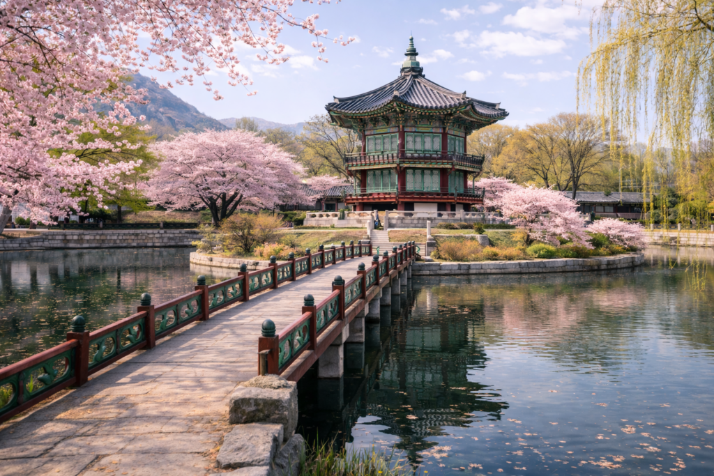 gyeongbokgung palace hyangwonjeong pavilion cherry blossom seoul