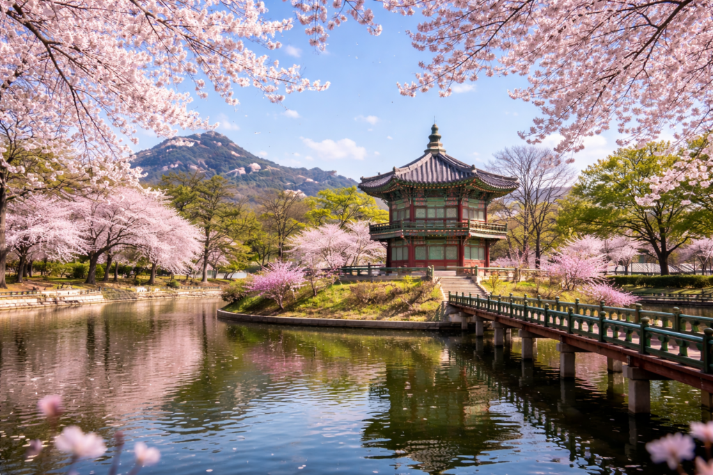 hyangwonjeong pavilion with cherry blossoms in gyeongbokgung palace seoul during spring