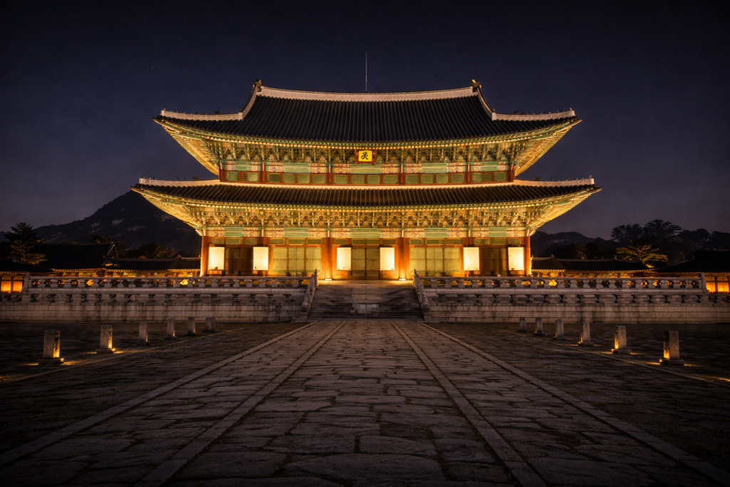 Geunjeongjeon Hall night view at Gyeongbokgung Palace in Seoul Korea