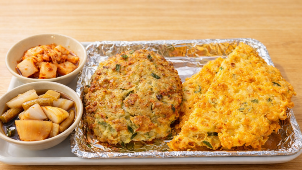 Assorted Korean pancake set with mung bean pancake and meatball at Gwangjang Market Jongno Seoul