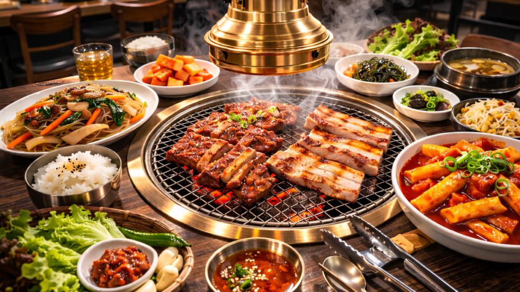 Best value Korean BBQ pork galbi and samgyeopsal set with japchae and tteokbokki near Gyeongbokgung Palace in Jongno Seoul