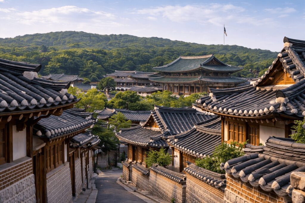 Traditional hanok rooftops in Bukchon overlooking Changdeokgung Palace and forested hills in Seoul