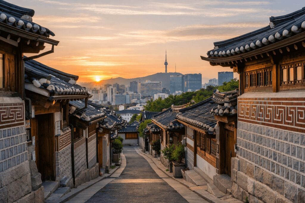Bukchon Hanok Village downhill alley with N Seoul Tower and Seoul skyline at sunset