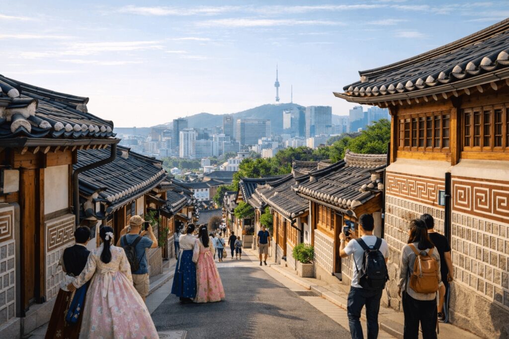 Quiet traditional hanok alley with stone walls in Bukchon Wonseo-dong Seoul