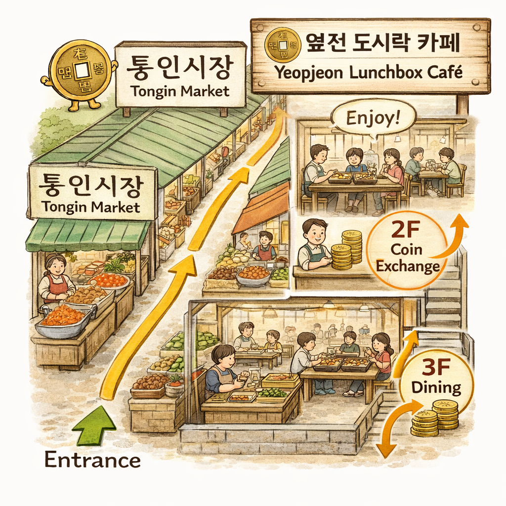 Tongin Market entrance and Yeopjeon Lunchbox Cafe location guide!