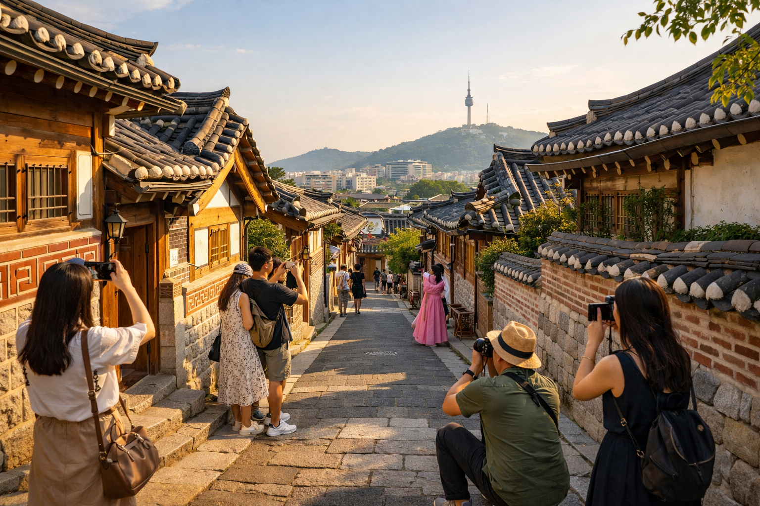 tourists taking photos in traditional hanok village street in seochon seoul