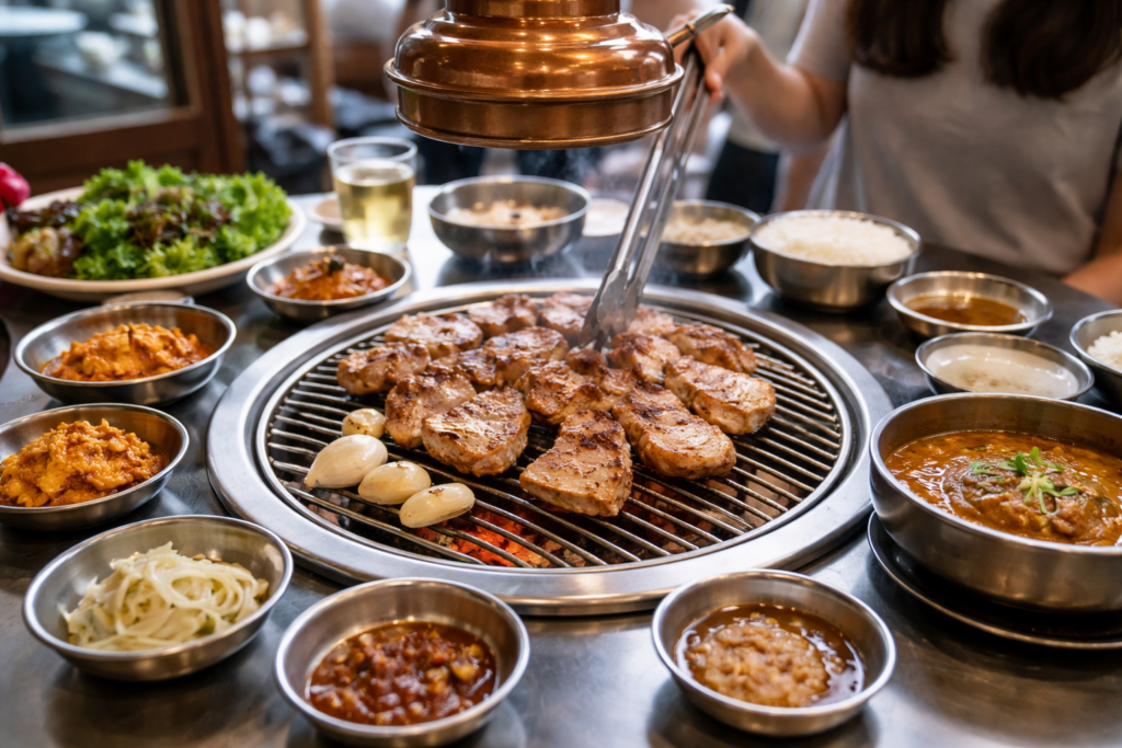 Korean style pork ribs being grilled at Myeongnyun Jinsa Galbi in Seoul

