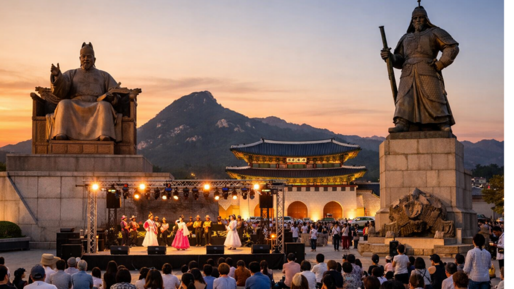 Traditional cultural performance taking place at Gwanghwamun Square in Seoul with King Sejong and Admiral Yi Sun-sin statues in Jongno near Gyeongbokgung Palace