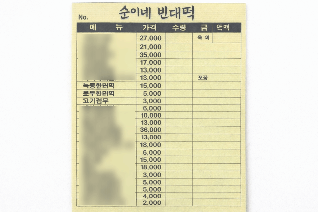 Price menu of mung bean pancake and meatball jeon at Gwangjang Market Seoul