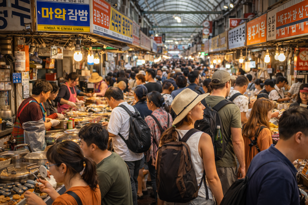 Busy alley inside Gwangjang Market in Seoul with a mix of locals and tourists exploring Korean street food stalls