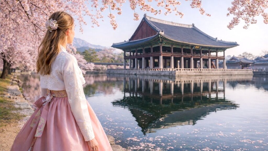 Hanbok visitor at Gyeongbokgung Palace in Seoul during the best visiting season