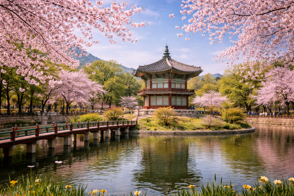 Hyangwonjeong Pavilion at Gyeongbokgung Palace surrounded by cherry blossoms in spring Seoul