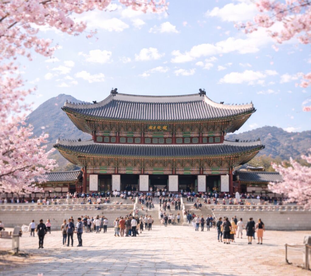 Gyeongbokgung Palace main hall with cherry blossoms in spring Seoul