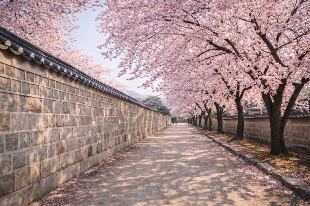 Gyeongbokgung Palace stone wall cherry blossom walkway in spring Seoul