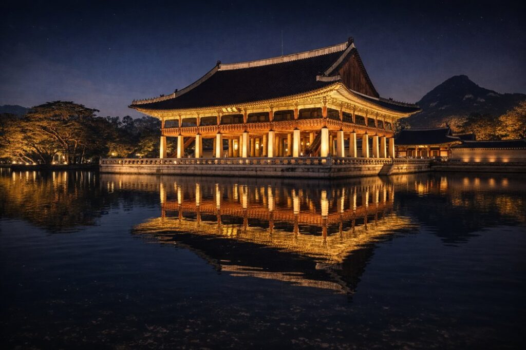 Gyeonghoeru Pavilion night reflection view at Gyeongbokgung Palace Seoul