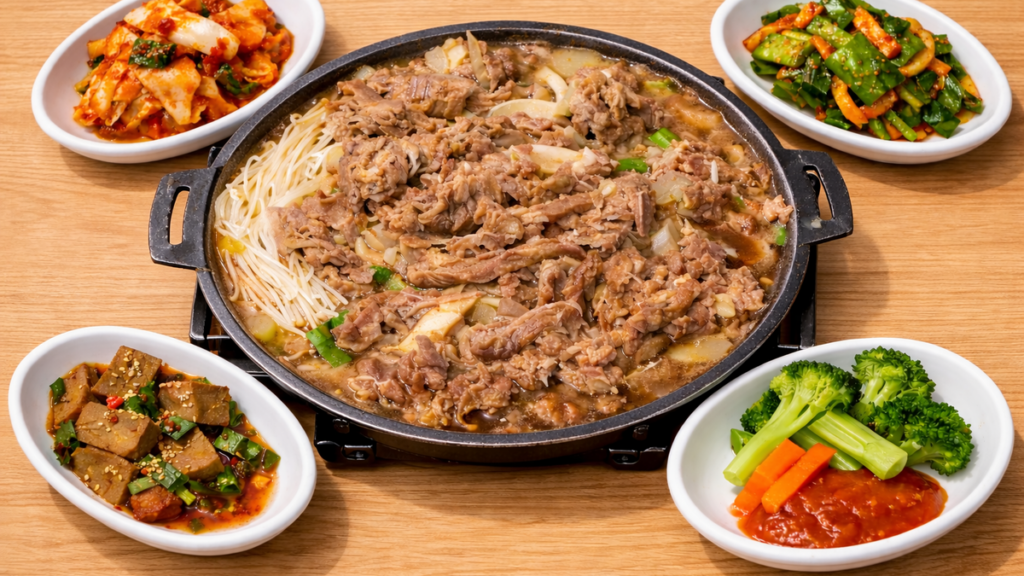 Korean beef bulgogi hot pot set meal with side dishes near Gyeongbokgung Palace in Jongno Seoul
