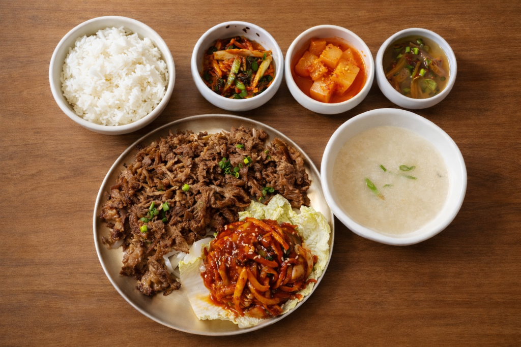 Crispy Korean bulgogi lunch special set meal with rice and soup in Jongno Seoul