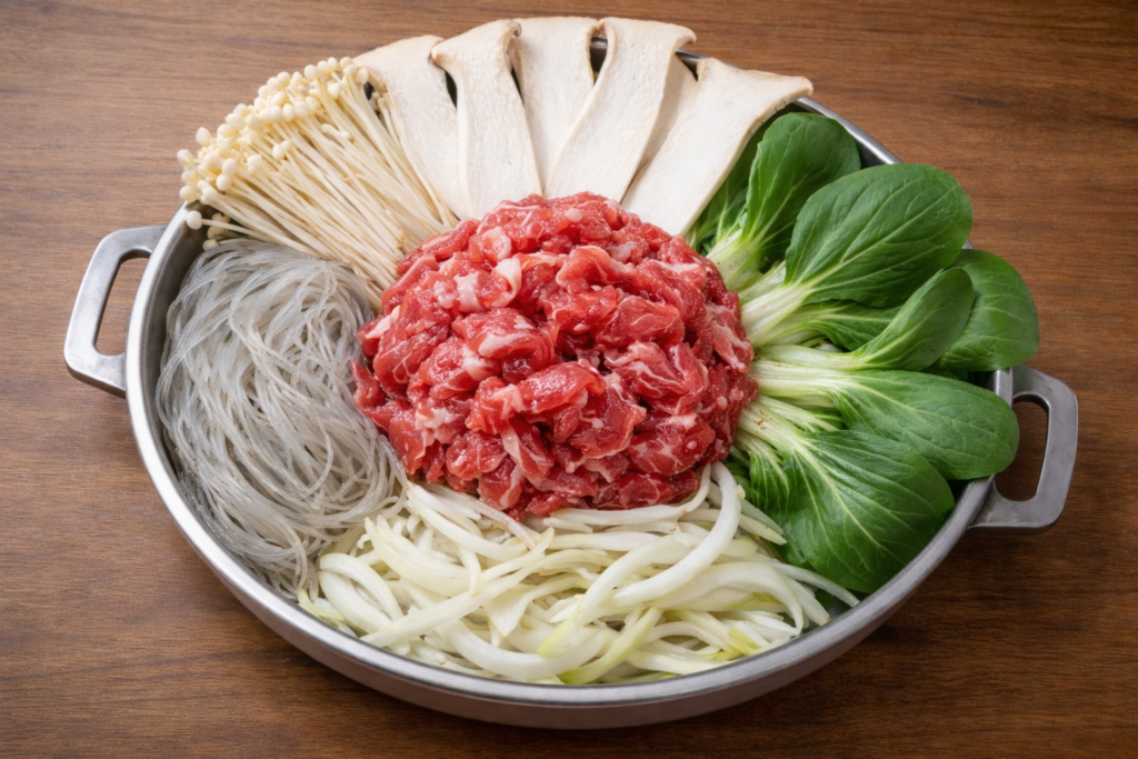 Fresh Korean beef bulgogi ingredients prepared with vegetables in Jongno Seoul restaurant