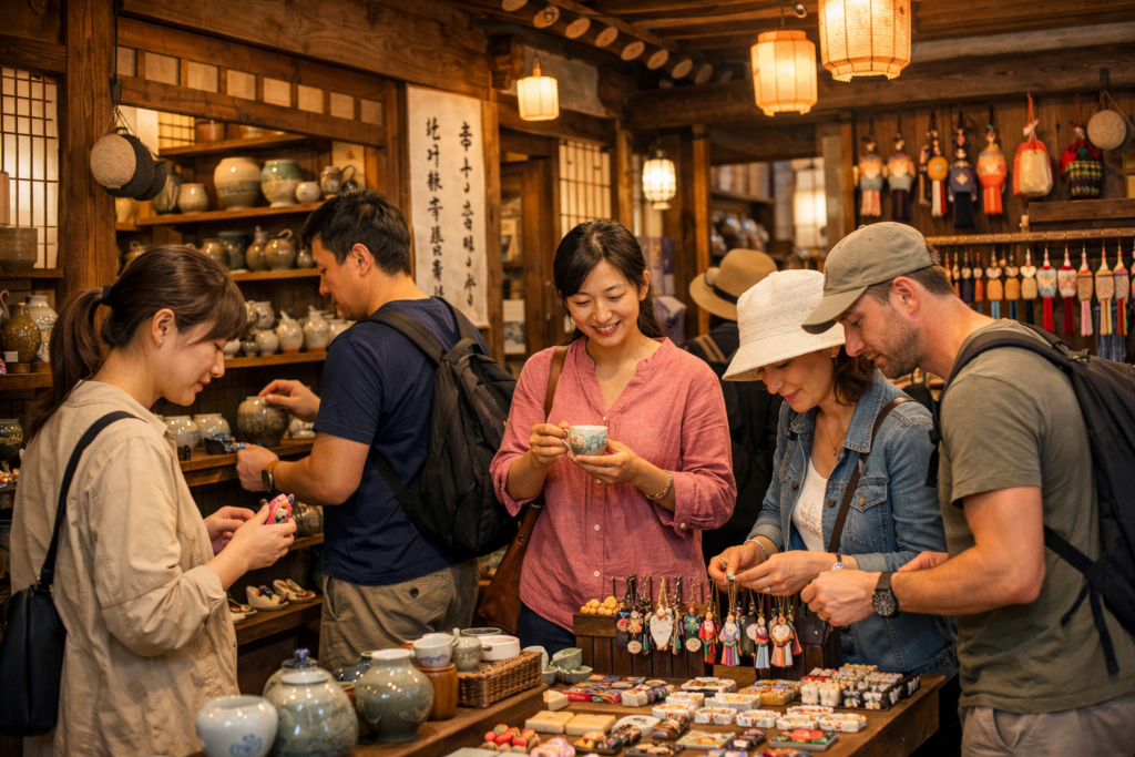 Tourists choosing handmade Korean souvenirs inside a traditional hanok style craft shop in Insadong Seoul