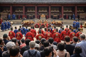 Traditional royal ancestral ritual ceremony at Jongmyo Shrine in Seoul with Joseon dynasty guards and visitors watching cultural performance