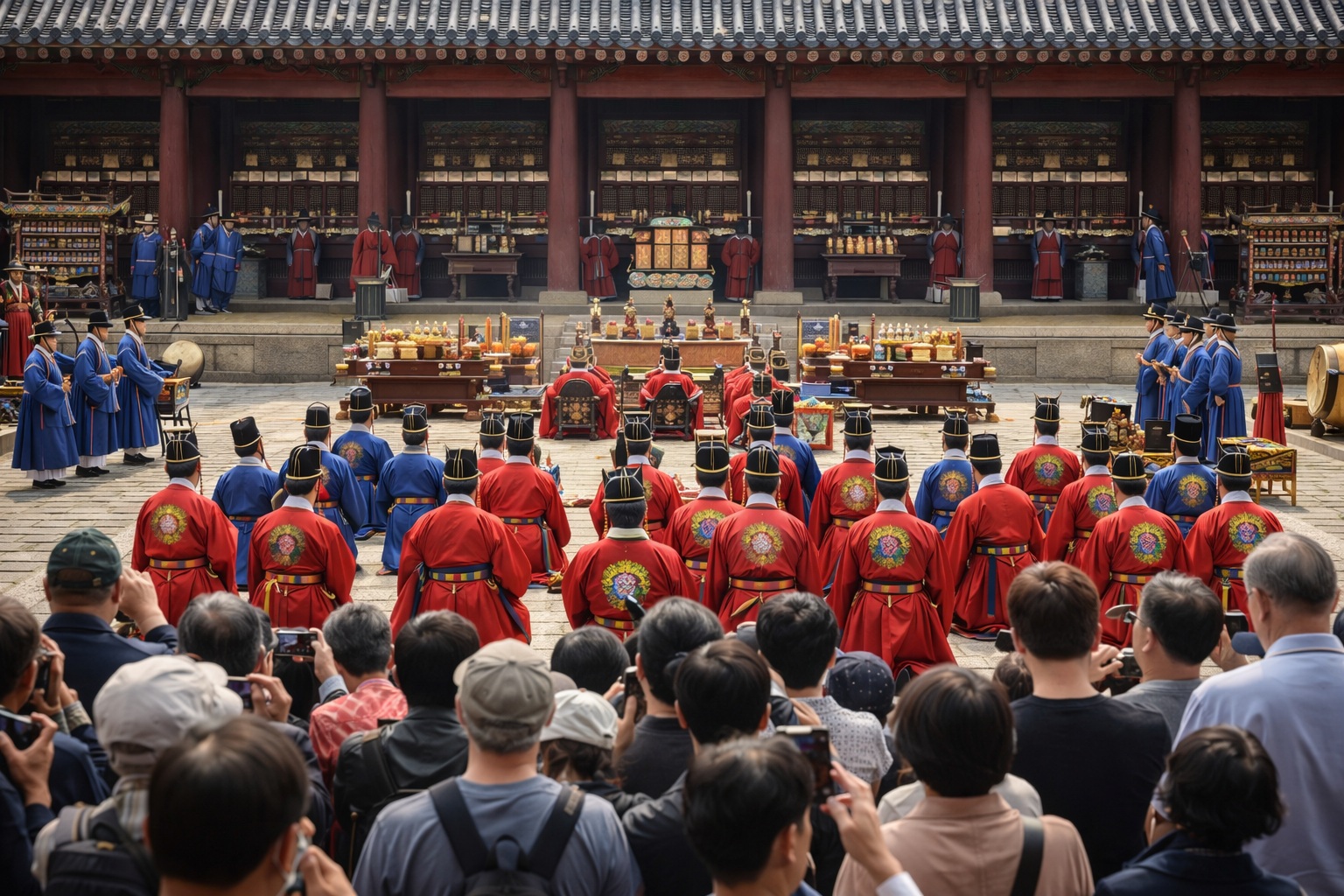 Traditional royal ancestral ritual ceremony at Jongmyo Shrine in Seoul with Joseon dynasty guards and visitors watching cultural performance