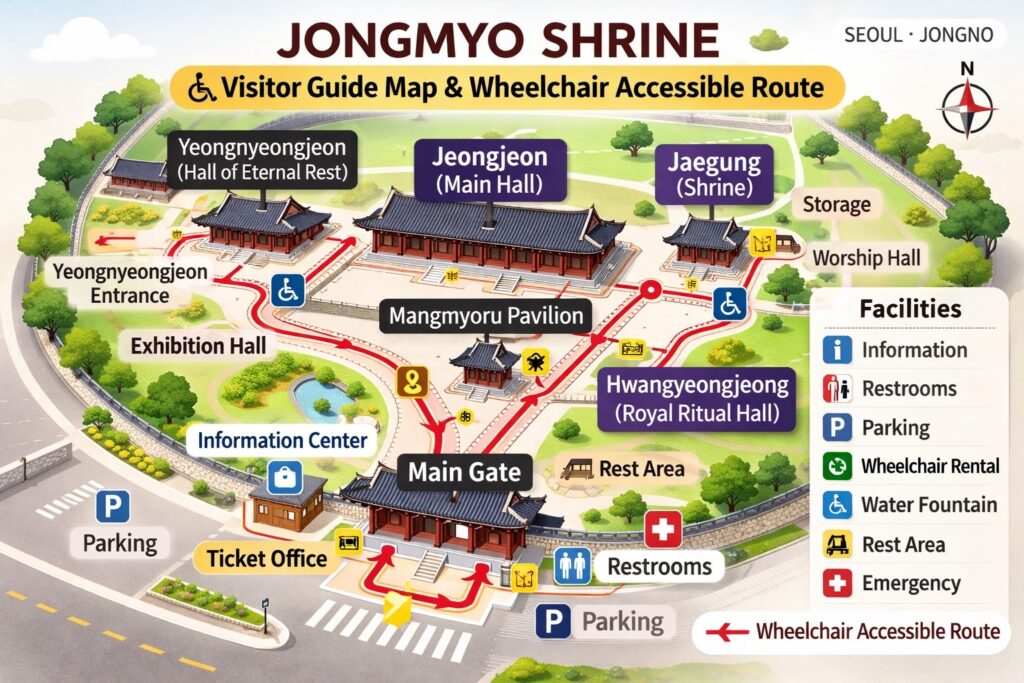 Jongmyo Shrine visitor guide map showing Jeongjeon and Yeongnyeongjeon Hall in Seoul