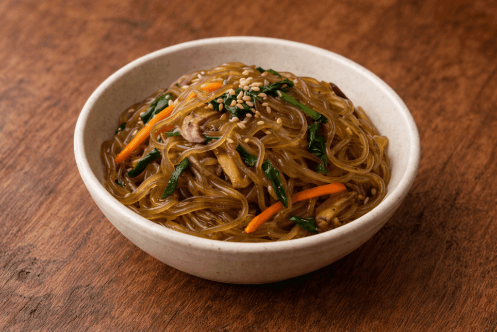 Korean Japchae Glass Noodles Stir Fried with Vegetables at Traditional Restaurant in Seoul