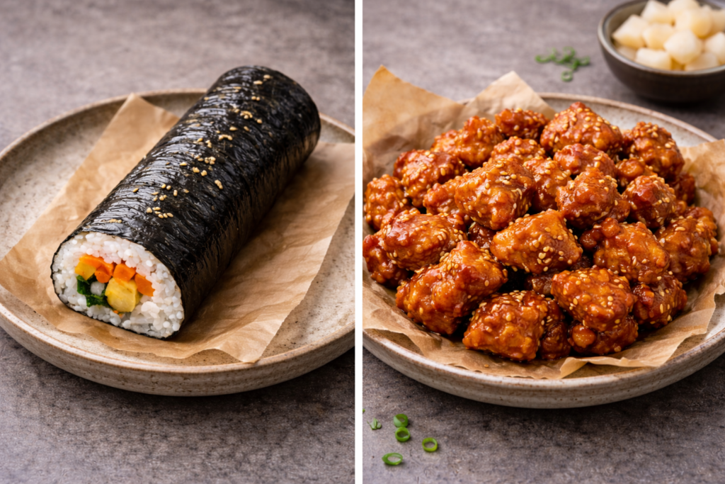 Gimbap and Dakgangjeong at Tongin Market Seoul