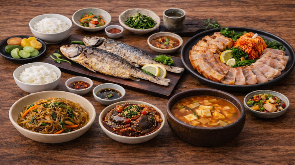 Traditional Korean hanjeongsik set meal with borigulbi grilled dried corvina rice soup and assorted side dishes in Jongno Seoul