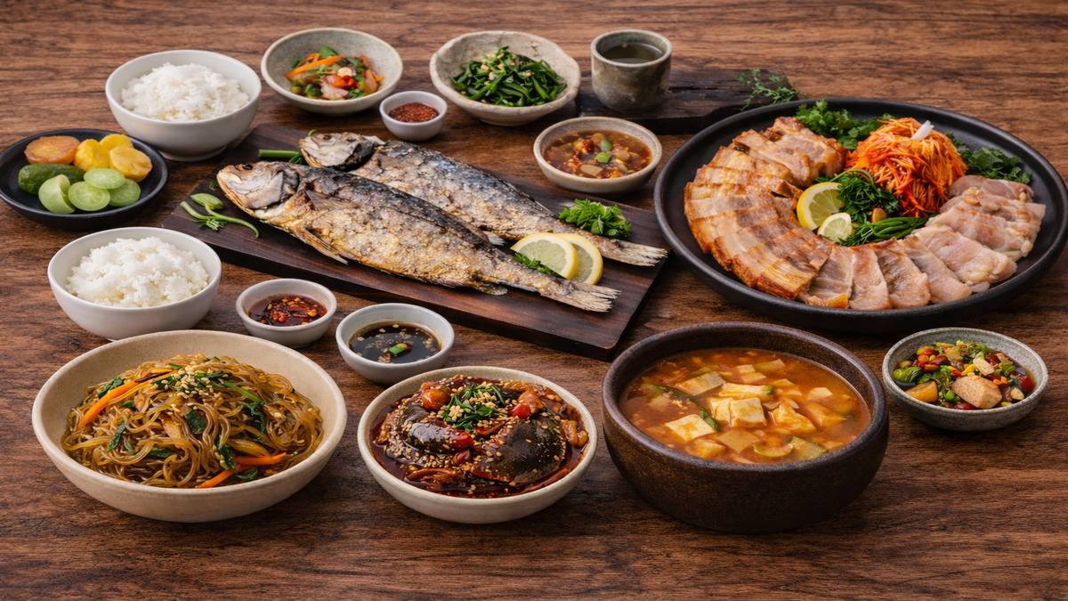 Traditional Korean hanjeongsik set meal with borigulbi grilled dried corvina rice soup and assorted side dishes in Jongno Seoul