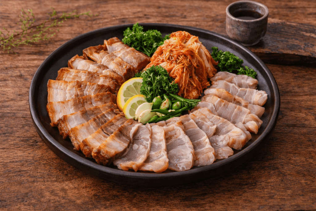 Korean Samhap with Fermented Skate Pork Belly and Kimchi at Local Restaurant in Seoul