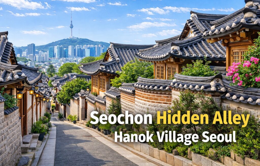 Hidden alley in Seochon Hanok Village Seoul with traditional Korean houses and Namsan Tower view