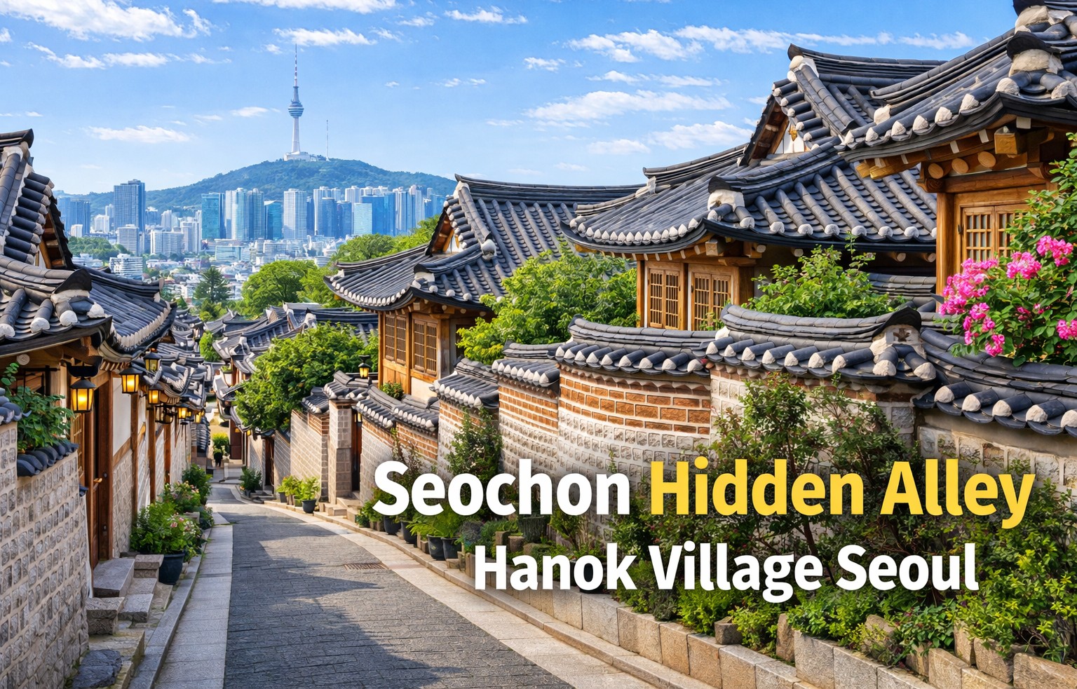 Hidden alley in Seochon Hanok Village Seoul with traditional Korean houses and Namsan Tower view