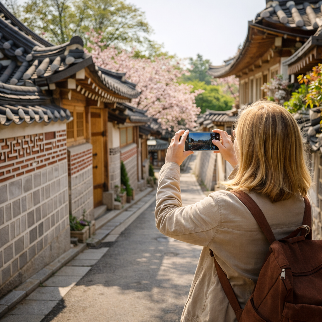foreign travelers taking photos while exploring seochon hanok village seoul