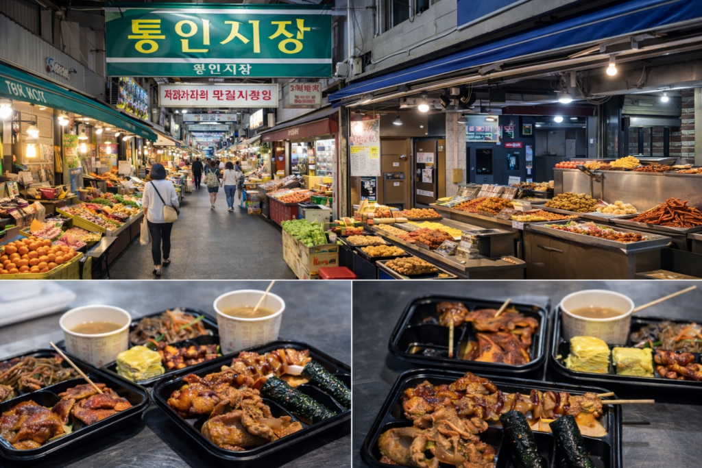 Tongin Market traditional market food stalls and coin lunchbox experience near Gyeongbokgung in Jongno Seoul