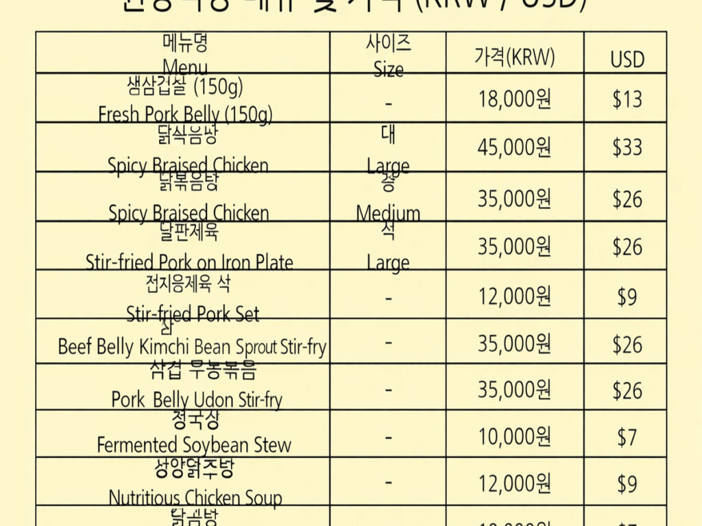 Wonchang Sikdang menu and prices for Korean chicken soup and local dishes in Seochon Jongno Seoul