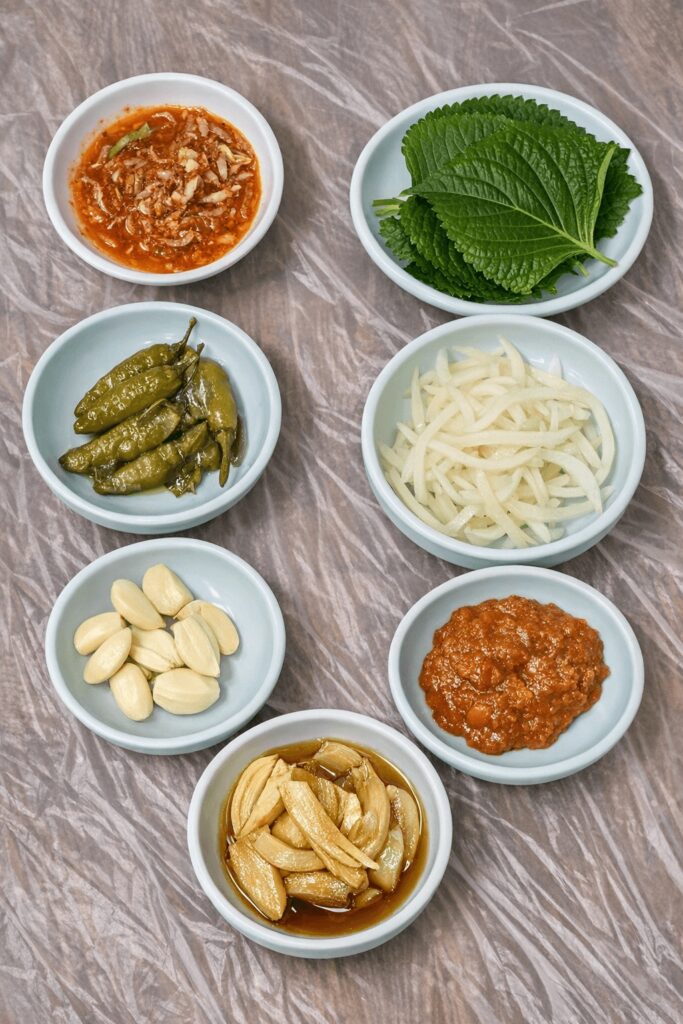 Traditional Korean jokbal side dishes including garlic, perilla leaves and sauce at Halmaejip in Jongno