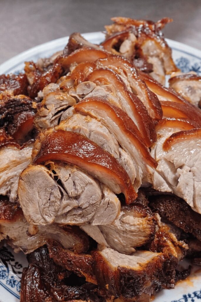 Close-up of sliced Korean jokbal pork hock at Halmaejip restaurant in Jongno