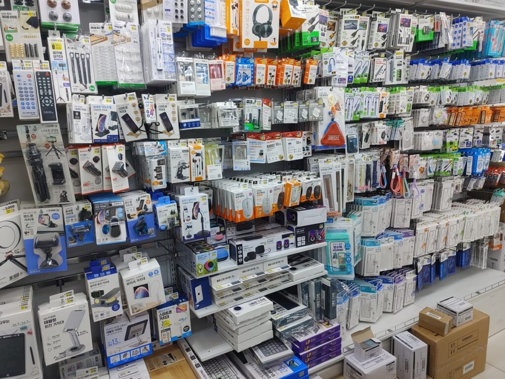 Electronics and phone accessories inside Daiso Jongno store in Seoul