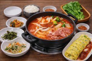 Oyang set meal with kimchi stew, rolled omelet, rice, lettuce, and Korean side dishes served at Oyang Restaurant in Jongno Seoul