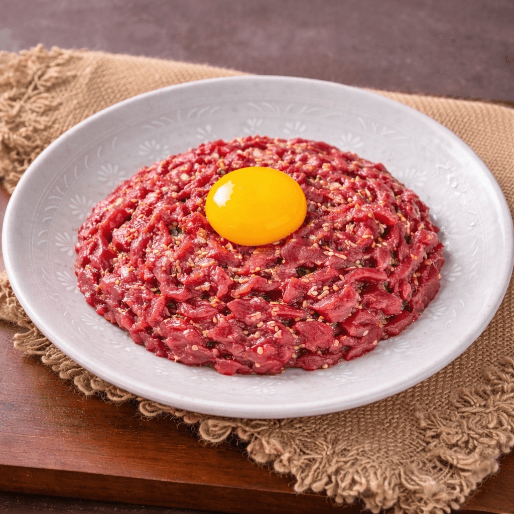 Classic yukhoe Korean beef tartare with egg yolk at Buchon Yukhoe Gwangjang Market Seoul