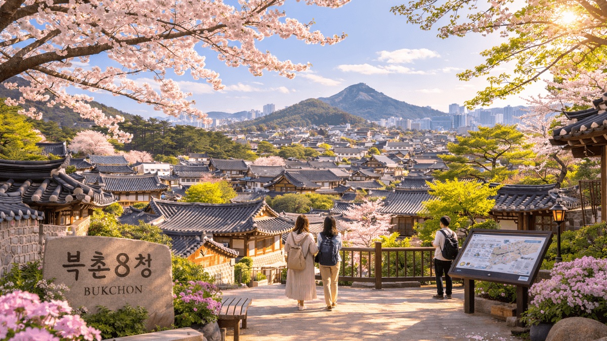 Spring panoramic view of Bukchon Hanok Village rooftops in Seoul