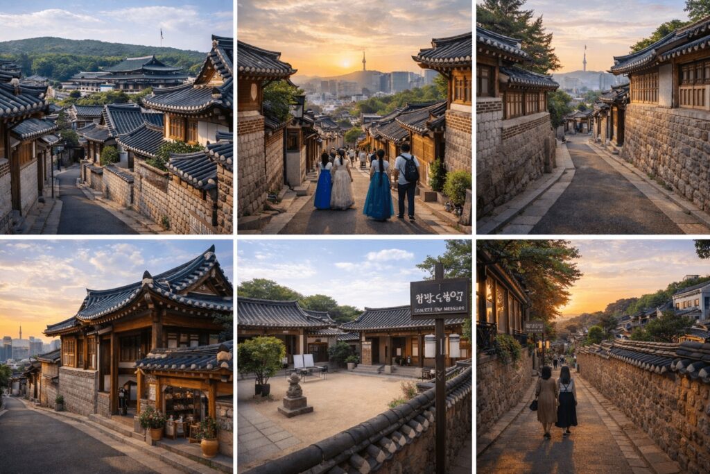 Overview of Bukchon Hanok Village walking route with traditional alleys and cultural spots in Seoul