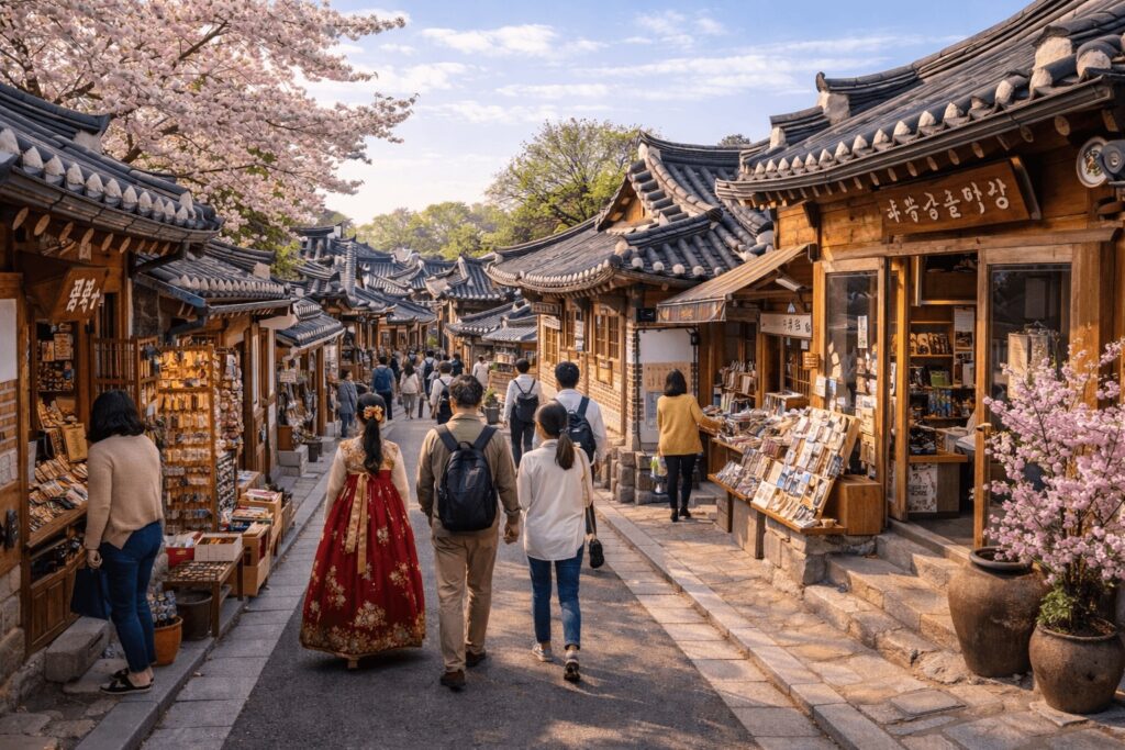 Tourists wearing hanbok walking through Bukchon Hanok Village street