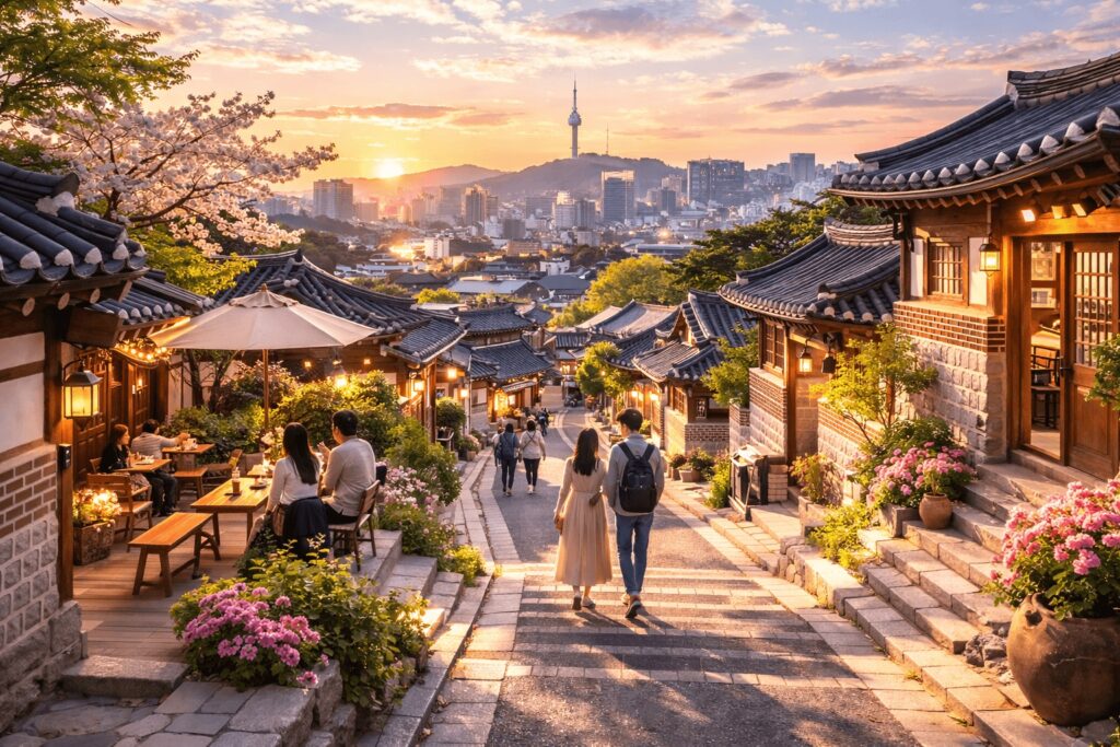 Traditional hanok style cafe and craft shop street in Bukchon Seoul