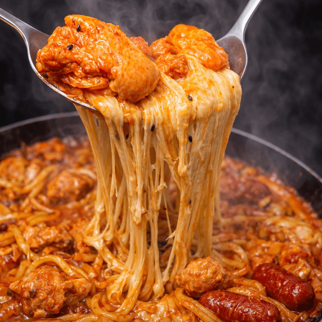 cheesy dakgalbi with melted cheese stretching from spoon
