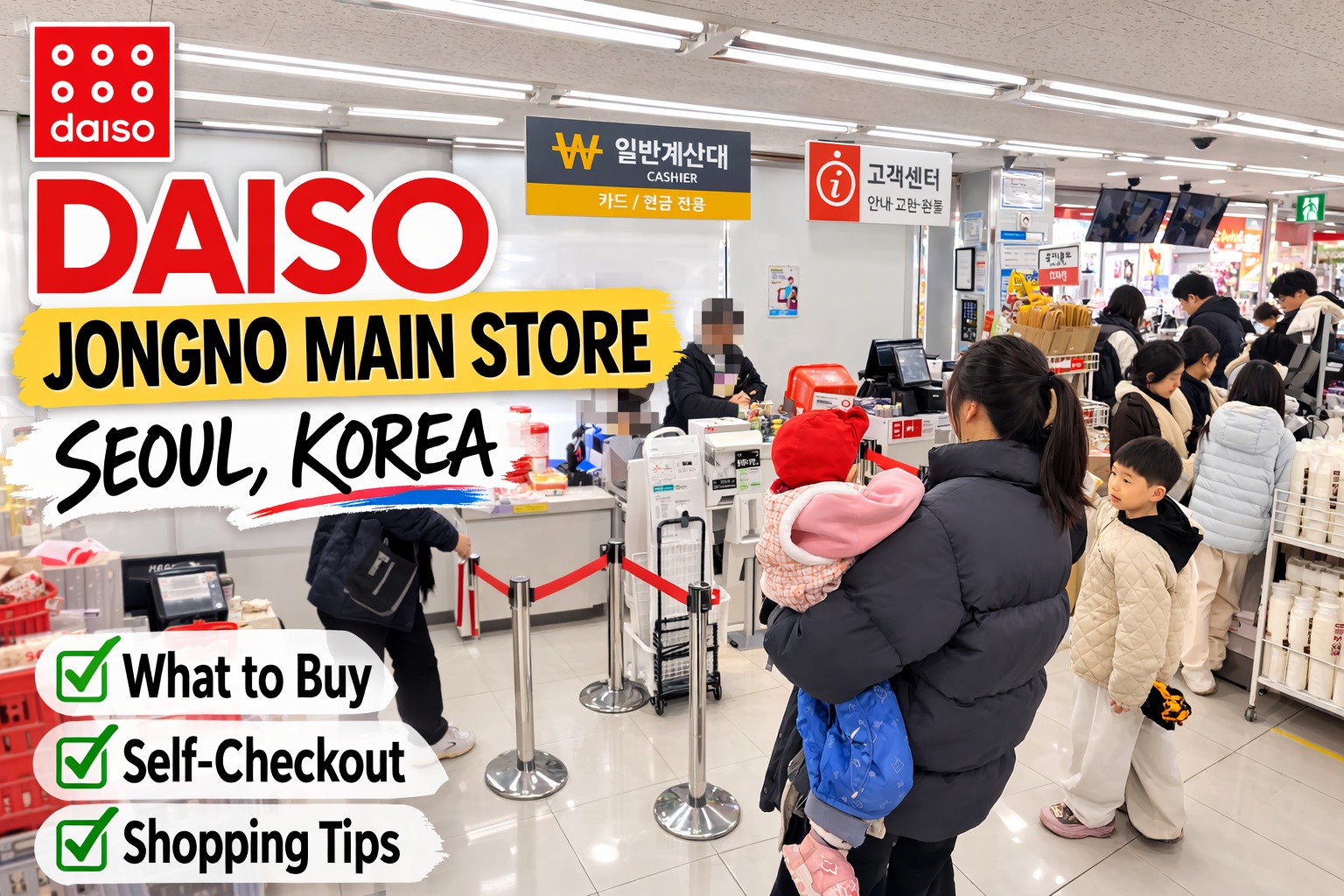 Customers waiting at the cashier counter inside Daiso Jongno store in Seoul