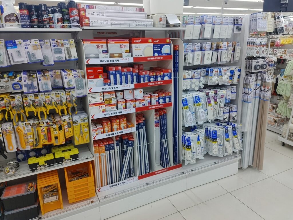 Lighting and electrical items at Daiso store in Seoul