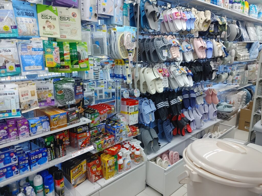 Slippers and home goods sold at Daiso Korea