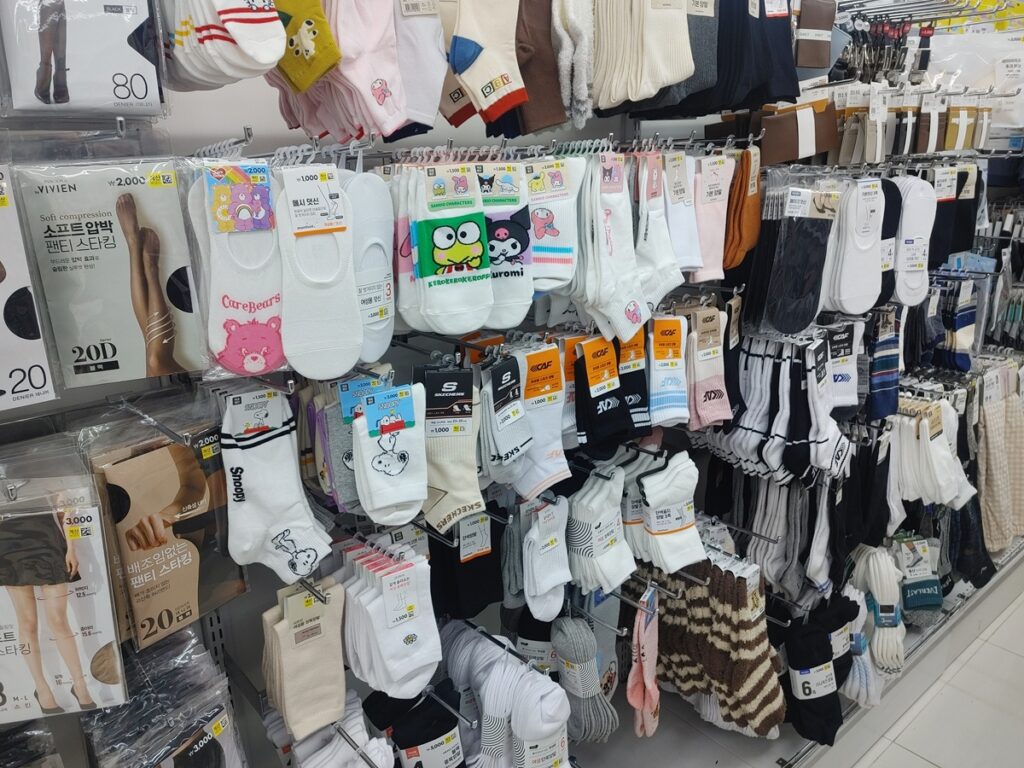 Socks and clothing items sold at Daiso Korea